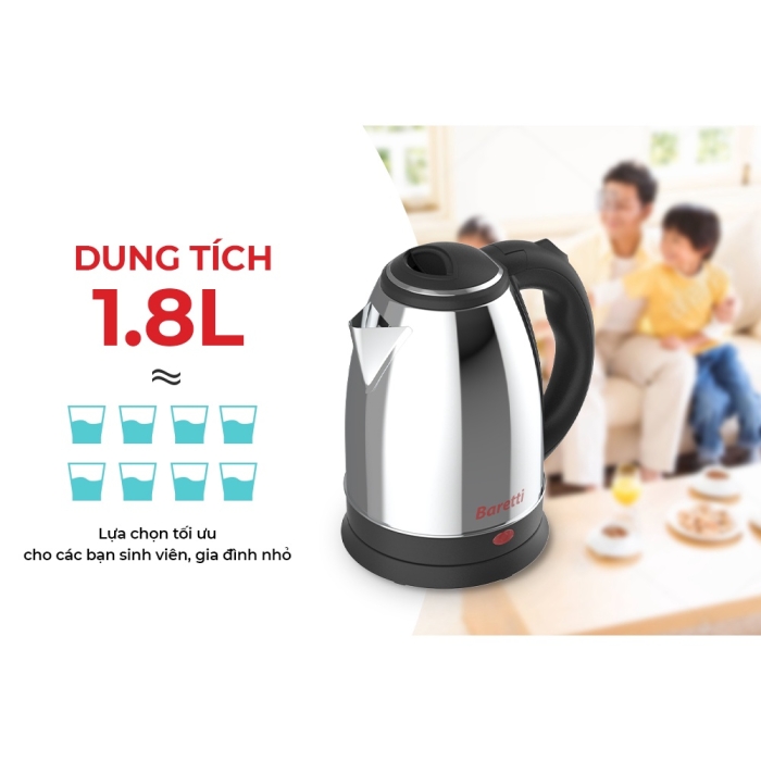 Ấm Siêu Tốc Inox - Bình Đun Nước Siêu Tốc Inox Baretti BRD180 - Hàng Chính Hãng (Bảo Hành 12 Tháng)