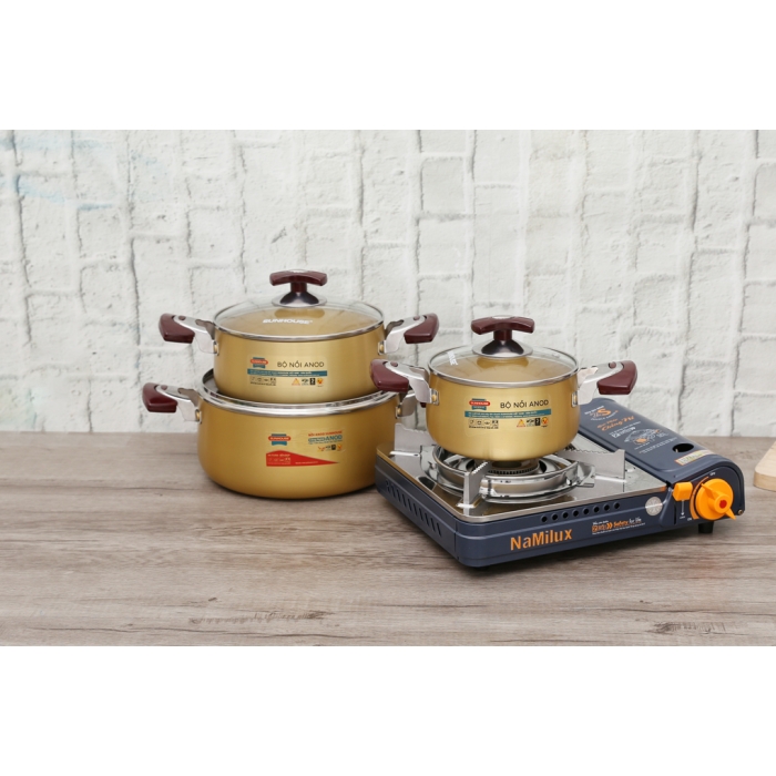 Bộ 3 nồi nhôm anod nắp kính Sunhouse SH6634