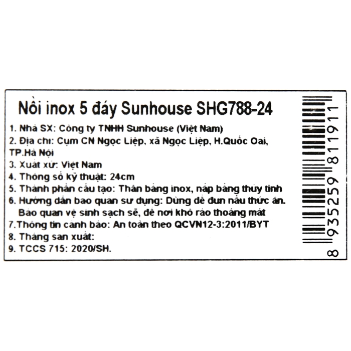 Nồi inox 5 đáy nắp kính 24 cm Sunhouse SHG788-24