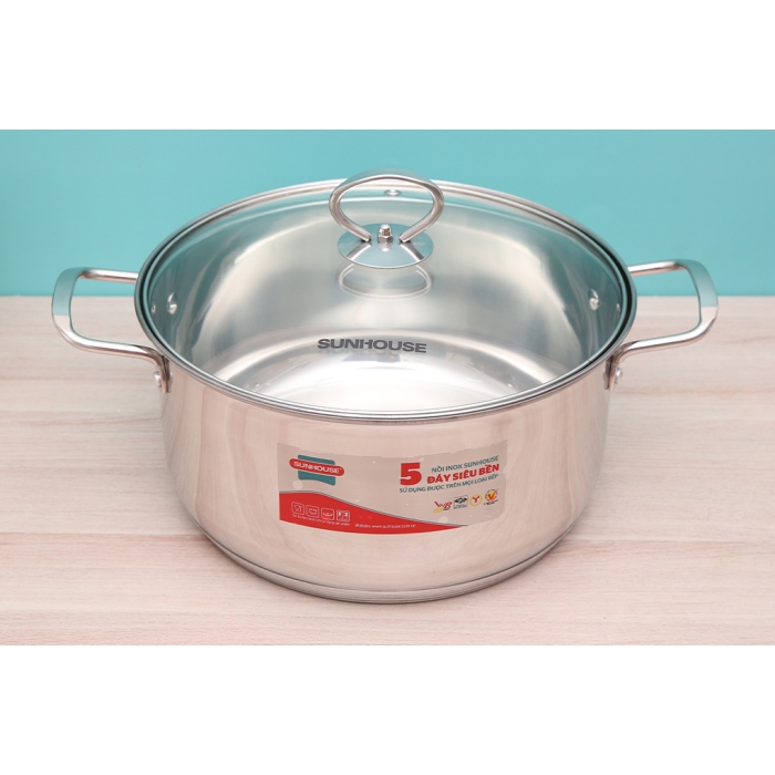 Nồi inox 5 đáy nắp kính 24 cm Sunhouse SHG788-24